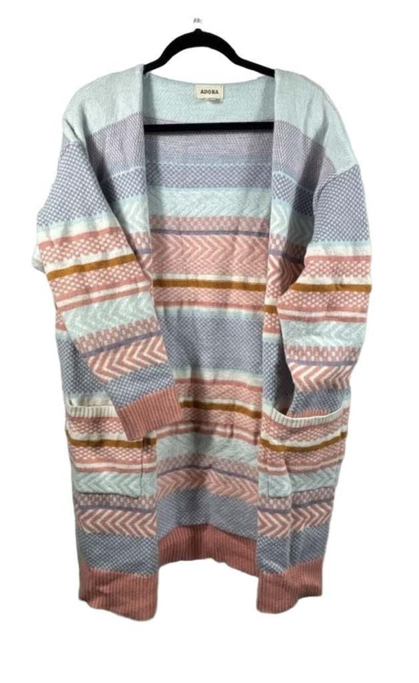 Adora Women's Size L Multicolor Striped Fair Isle Knit Open Cardigan Sweater wit